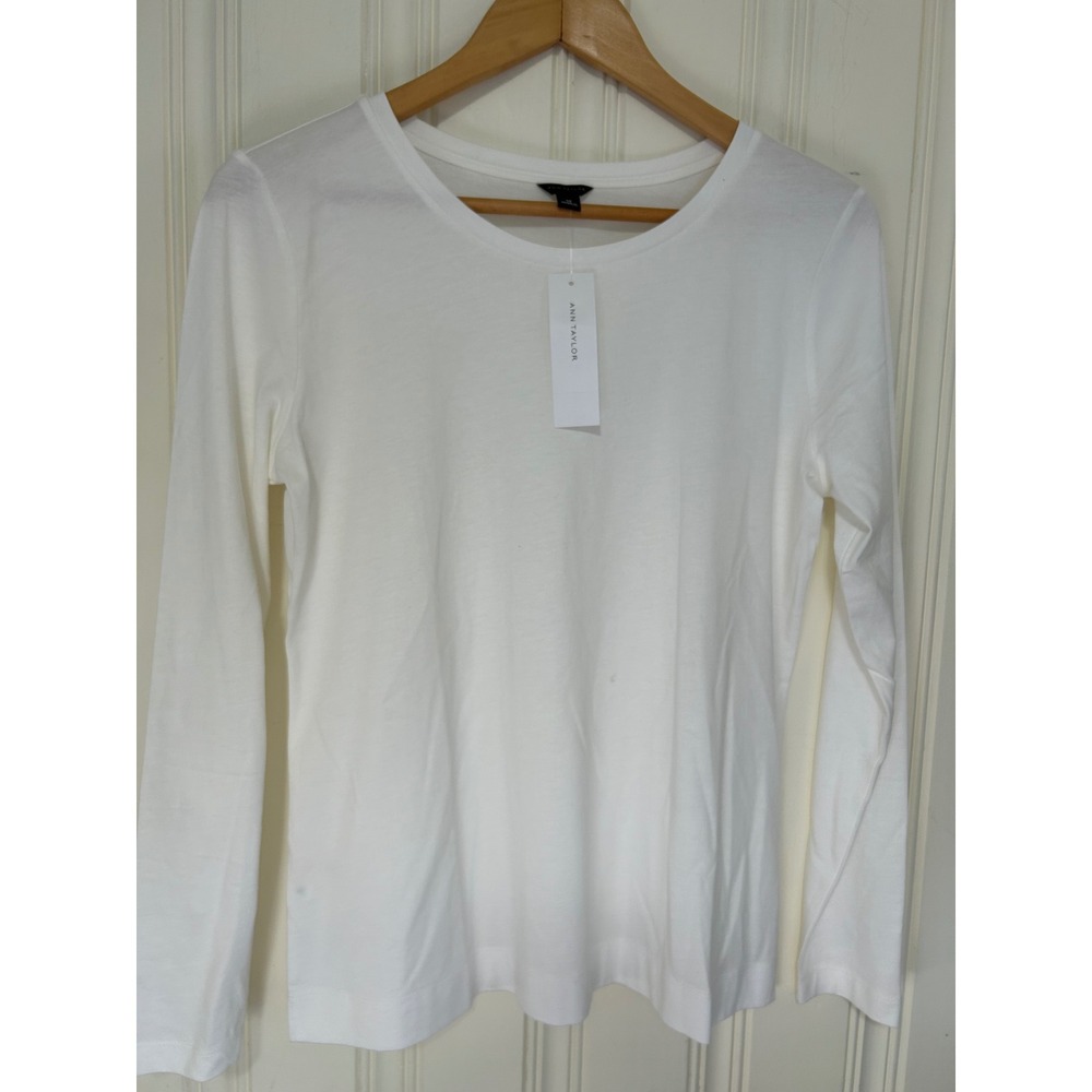 Ann Taylor White 100% Pima Cotton Long Sleeve Crew Neck Tee Shirt Medium NWT